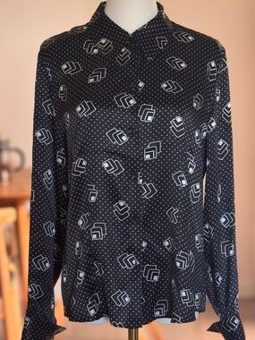 Style & Co. Black Silk Blouse with White Dot & Geometric Print